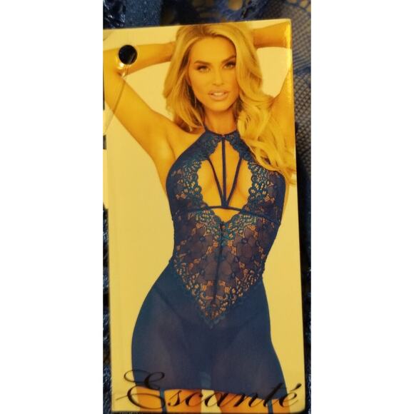 Escante Sexy Strappy Lace Mesh Halter Chemise G-String Set Royal Blue Medium - Picture 1 of 7